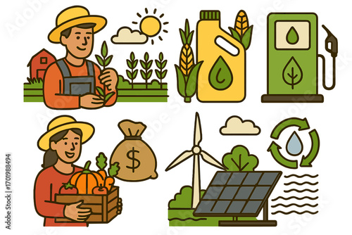 Biofuel production and resource management. Sustainable agriculture, renewable green energy concept. Farmer, corn, solar panel, wind turbine. Eco friendly vector icons.