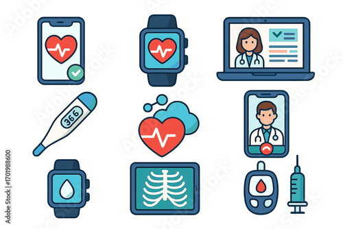 Health technology icon set for telemedicine and digital healthcare. Online doctor consultation via video call. Health monitoring app, smartwatch, glucometer, x-ray. Vector icons.