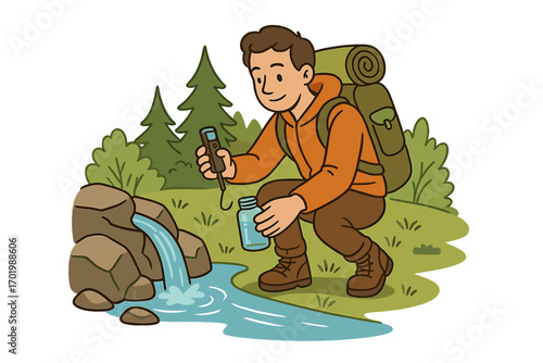 Man testing water quality in nature. Hiker with backpack collects sample from stream. Concept for water purity, ecology, survival, travel, and environmental science. Vector.