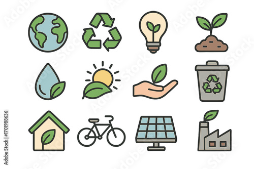 Large ecology icon set. Environment, sustainable development, renewable resources and green energy concepts. Eco friendly lifestyle and nature conservation vector symbols.