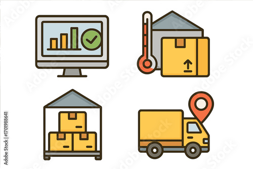 Logistics management icons set, warehouse monitoring, temperature control for shipment, delivery tracking, inventory storage, transportation, supply chain vector, cartoon illustration