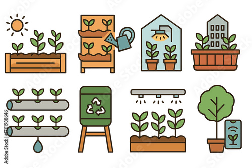 Modern gardening techniques vector illustration showing urban plant care, hydroponics, smart irrigation, plant growth, recycling, sustainable urban gardening technology