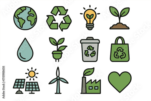 Eco friendly icon set. Sustainability, recycling, green energy concepts. Ecology vector symbols for conservation. Planet, solar panel, wind turbine, go green cartoon icons.