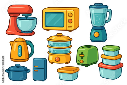Kitchen appliances and cooking tools vector icon set. Cartoon collection with mixer, microwave, blender, toaster, kettle, fridge, pot, steamer and food storage containers.