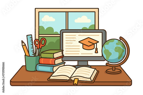 Educational tools and resources illustration for study environment with books, globe, computer, pencil, ruler, scissors, and open book, learning concept, daytime vector cartoon