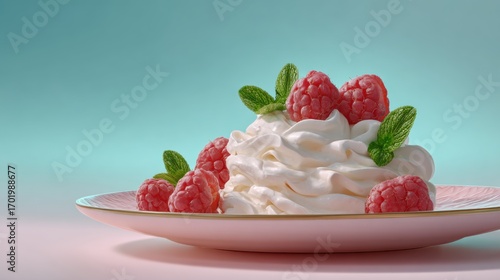 Wallpaper Mural Dessert with whipped cream, raspberries and mint leaves on pink plate Torontodigital.ca