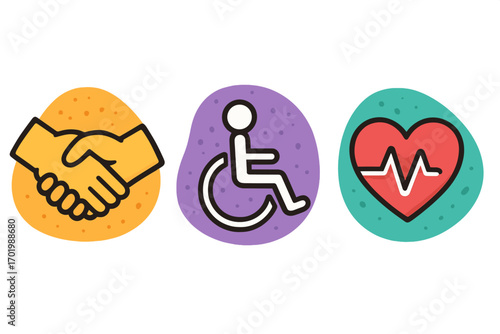 Collaboration, accessibility, and health icon set. Handshake for partnership, wheelchair for disability inclusion, and heart for medical care. Vector cartoon illustration.