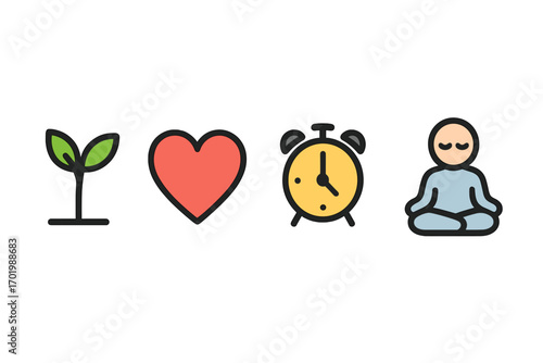 Life balance icon set with nature, love, time, and mindfulness symbols. Vector graphic for wellness, priorities, health, and personal growth. Minimalist cartoon icons.