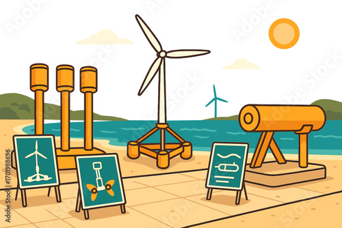 Innovative marine energy technology designs showcased at coastal exhibition with wind turbines, tidal power, offshore renewable energy concepts, clean environment vector cartoon illustration