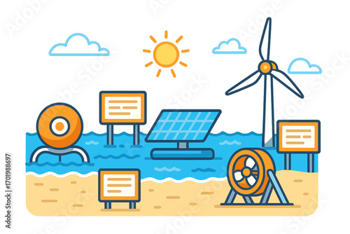 Innovative marine energy technology designs with solar panel, wind turbine, underwater turbines, and coastal setup, clean renewable power concept, vector cartoon illustration