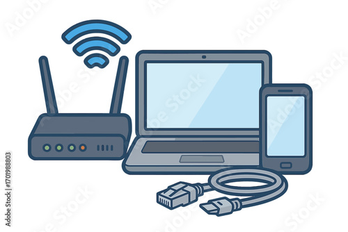 Modern technology setup displaying wireless router, laptop, smartphone, Ethernet cable, internet connectivity, digital communication, network devices, vector cartoon illustration