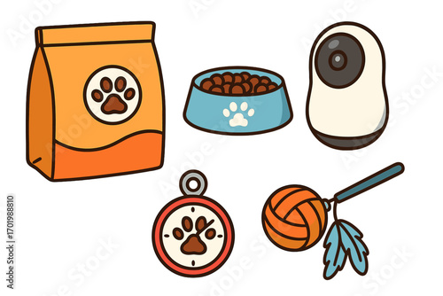 Pet care essentials for every pet owner including feeding bowl with kibble, pet food bag, monitoring camera, pet tag, and interactive toy for playtime, cartoon vector illustration