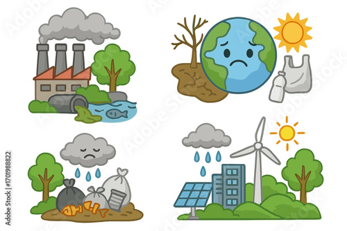 Vector set of environmental issues vs sustainability. Industrial pollution, plastic waste, garbage contrasted with green energy, solar panels and wind turbines. Sad earth concept.