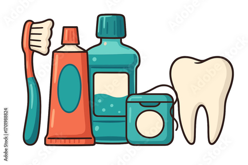 Oral hygiene essentials including toothbrush, toothpaste, mouthwash, dental floss, and a tooth illustration, dental care routine, clean teeth, healthy smile, vector cartoon set