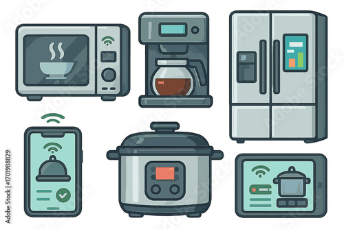 Smart kitchen appliances icon set. Vector illustration of modern home cooking devices. IoT technology concept. Microwave, fridge, coffee maker, multicooker controlled by phone.