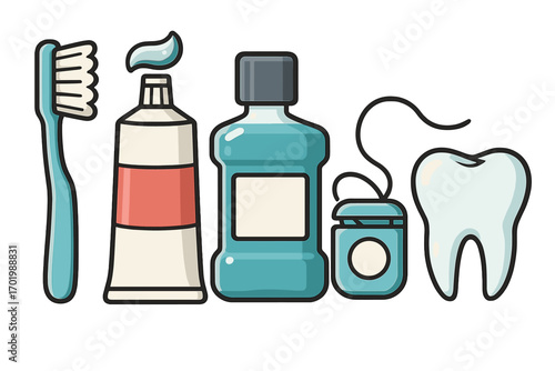 Oral hygiene essentials set with toothbrush, toothpaste, mouthwash, dental floss, and healthy tooth illustration on white background, vector cartoon dental care kit