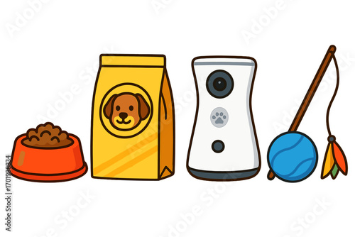 Pet care essentials for dog owners including feeding bowl, dry food bag, pet camera for monitoring, interactive toy with ball and feathers, cartoon vector set for pet lovers and owners