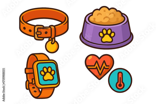 Pet care icon set. Dog cat accessories. Collar, pet food bowl, smart tracker, health monitor. Heartbeat, temperature. Veterinary care. Pet shop items. Animal wellness.