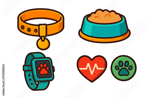 Pet care icon set. Dog and cat accessories for health monitoring and wellness. Vector icons of collar, food bowl, activity tracker smartwatch, and heart pulse symbol.