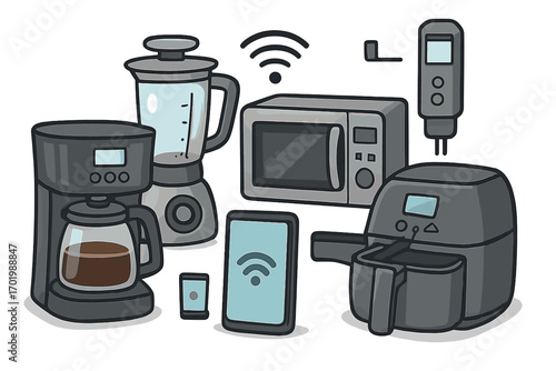 Set of smart kitchen appliances. Vector cartoon illustration of modern home cooking technology. Includes air fryer, coffee maker, blender, microwave. IoT devices concept.