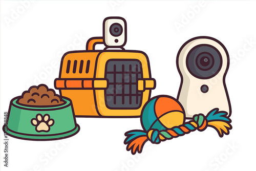 Pet care essentials including feeding bowl with food, pet carrier with camera, colorful pet ball and rope toy, pet monitoring and playtime equipment, vector cartoon illustration