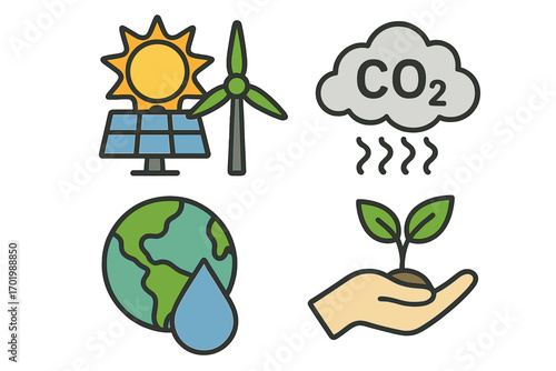 Ecology icon set. Sustainability, environment conservation concept. Green renewable energy. Solar panel, sun, wind turbine. CO2, carbon dioxide emission. Planet Earth, water. Grow.