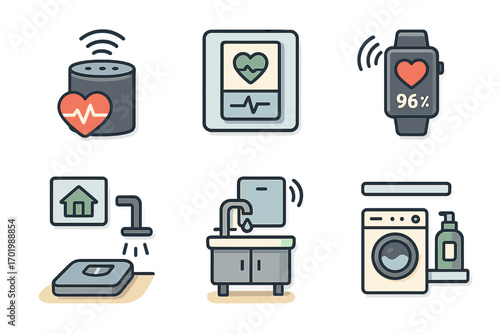 Smart home technology icon set. Health monitoring, hygiene activities and household automation. Vector illustration of IoT medical devices, smart watch, scale, washing machine.