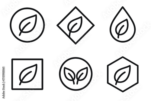 Leaf line icon set in geometric shapes. Simple vector symbols for nature, sustainability, and eco concepts. Graphic elements for organic, bio, vegan, and green products.
