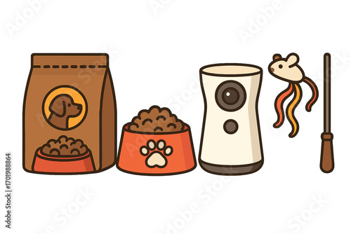 Pet care essentials for dog owners including nutritious feeding bowl, smart monitoring camera, interactive cat toy with mouse and feathers, cartoon vector illustration