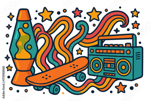 Retro 80s style lava lamp, skateboard, and boombox cartoon vector illustration with colorful swirls and stars, vibrant vintage pop culture design, music and skateboarding theme