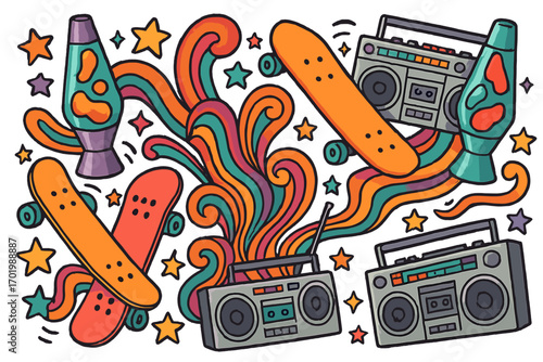 Retro 1980s style cartoon illustration featuring colorful lava lamps, skateboards, boomboxes, vibrant swirls, and stars, vintage pop culture vector design, dynamic fun concept