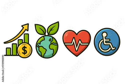ESG principles icon set. Financial growth, sustainability, health and accessibility symbols. Social responsibility, ethics, investment, and inclusion vector cartoon icons.