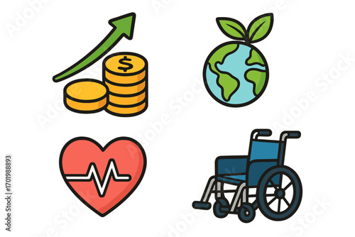 Vector icon set for ESG and CSR concepts. Social responsibility icons for financial growth, sustainability, health, and accessibility. Modern society values illustration.