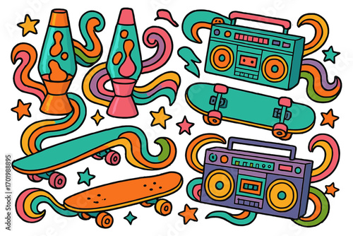Retro 80s style design with colorful lava lamps, skateboards, boomboxes, swirling ribbons and star shapes, vibrant vector cartoon illustration, nostalgic pop culture elements