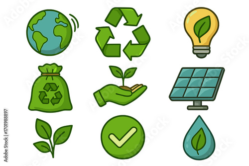 Ecology icon set. Green energy and sustainability symbols. Recycling, solar panel, eco friendly conservation concept. Nature and environment vector cartoon illustration collection.