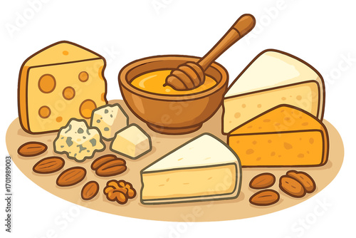Cheese board with various cheeses, honey, and nuts. Gourmet appetizer for tasting. Vector cartoon illustration of a food assortment with brie, cheddar, blue cheese.