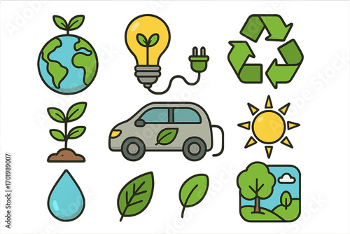 Eco-friendly symbols of nature and sustainability, green energy light bulb, electric car, recycling, water drop, leaves, sun, tree landscape, environmental awareness, cartoon vector