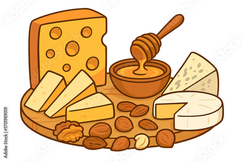 Variety of cheeses with honey and mixed nuts on wooden platter, gourmet tasting set, delicious dairy selection, healthy snack board, vector cartoon illustration, transparent background