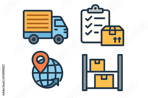 Logistics and transportation symbols vector set, modern inventory management icons with delivery truck, package checklist, global location pin, storage shelves, cartoon style, transparent background