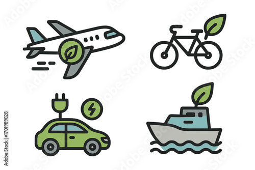 Eco-friendly transportation symbols including green airplane, electric car, sustainable bicycle, and environmentally friendly boat vector cartoon illustration for sustainable travel concepts