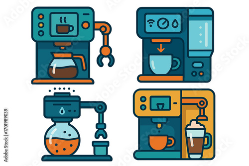 Various coffee and beverage brewing machines with colorful modern vector illustrations showcasing kitchen automation, smart technology, robotic arms, and futuristic drink preparation concepts