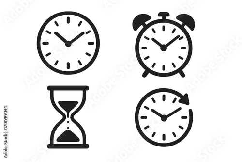 Various clock designs representing time concepts and timekeeping in minimalist style, including analog clock, alarm clock, hourglass, and countdown timer, black vector set