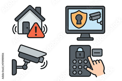 Home security icons set with alert warnings, surveillance cameras, video monitoring, keypad access control, digital protection shield, modern smart home safety symbols, vector cartoon illustration