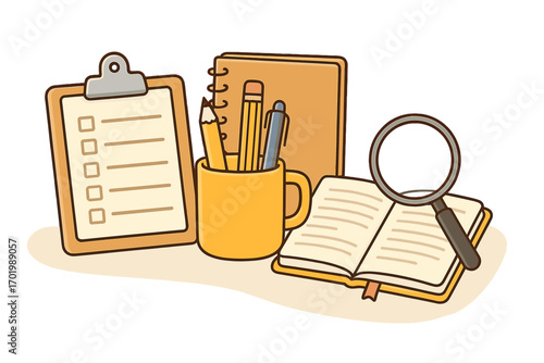 Organization and research tools workspace concept with clipboard checklist, spiral notebook, pencil, pen in cup, open book with magnifying glass, office supplies vector illustration