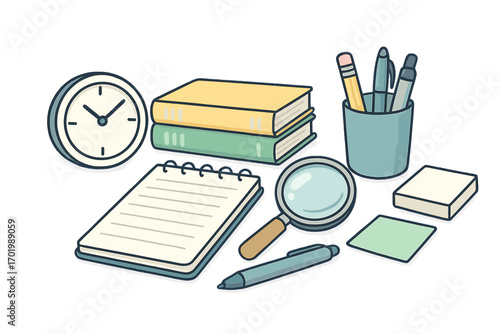 Office and study tools for organization and research, clean workspace essentials with clock, books, notepad, magnifying glass, pens, and sticky notes, vector cartoon illustration