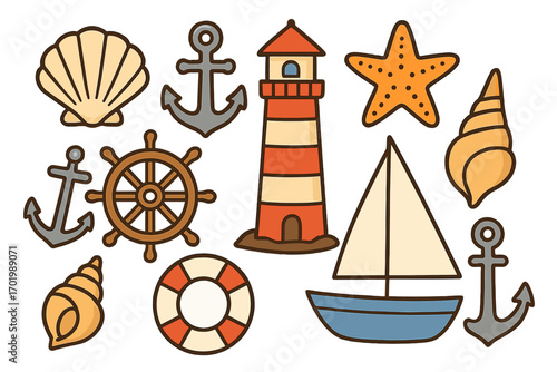 Various nautical symbols including shells, anchors, lighthouse, starfish, ship wheel, life buoy, and sailboat in simple cartoon vector style on transparent background for marine design