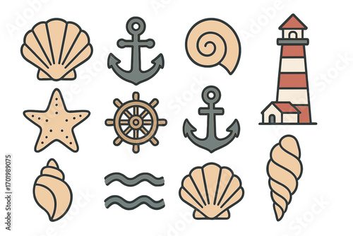 Nautical symbols collection with seashells, anchors, lighthouse, starfish, ship wheel, waves; maritime cartoon icons in simple vector design with transparent background