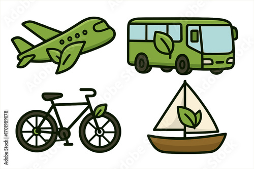 Eco-friendly transportation symbols set including green airplane, bus, bicycle, and sailboat icons for sustainable travel and environmental conservation concept vector illustration