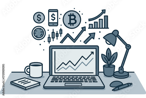 Digital finance and cryptocurrency trends with rising graphs and symbols at modern workspace, laptop, mobile payment, bitcoin, stock market analysis, investment concept vector illustration
