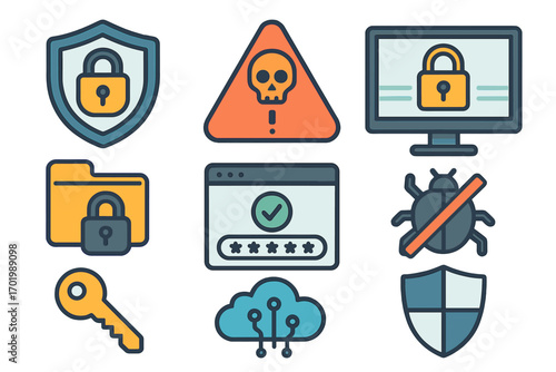 Cybersecurity icons set with padlock shield, virus protection, secure password, cloud security, warning skull, digital safety, data protection, key and folder lock vector